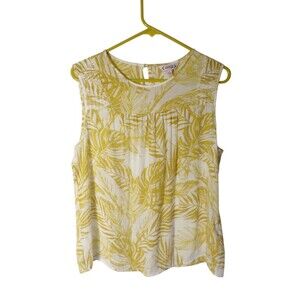 Sz L Nanette Lepore Tropical Leaves Print Gold Chartreuse Yellow Shirt Top